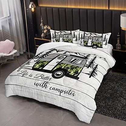 HOSIMA Happy Camping Decor Comforter Set,Camouflage Camper Bedding Queen Size for Kids Teen Girls Boys Room Decor,Camper Accessories for Travel Trailers Themed Bedding with 2 Pillowcases.