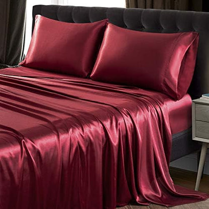 SiinvdaBZX 3Pcs Satin Sheet Set Twin Size 15-Inch Deep Pocket, Burgundy