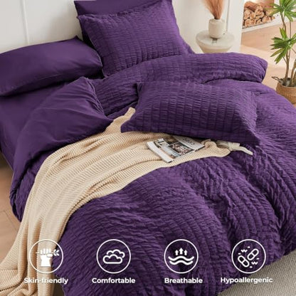 HYMOKEGE Dark Purple Twin Comforter Set Seersucker 5 Pieces, All Season Luxury Bed in a Bag for Bedroom, Bedding Set with Comforter, Sheets, Pillowcase & Sham