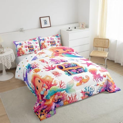 Mermaid Bedding Comforter Set Queen Size Cute Ocean Theme Comforter and 2 Pillowcases for Kids Girls Cartoon Princess Room Decor All Season Quilt Underwater World Animal Duvet Reversible,Colorful