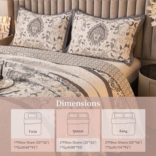 Nordic Style King Size Quilt Comforter Bedding Set -3 Pieces Red Quilts (1 Quilt, 2 Pillow Shams) Bedding Set, All Season Lightweight Bedspreads Sleep Companion(Grey)