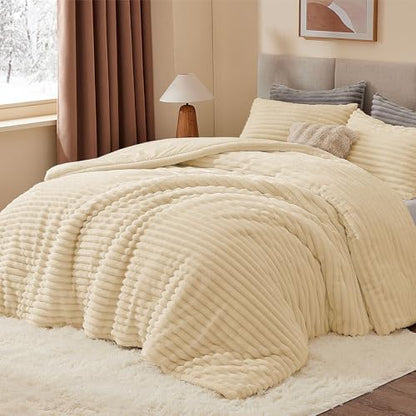 BEDELITE Fleece Queen Comforter Set, Fluffy Bed Set, Beige