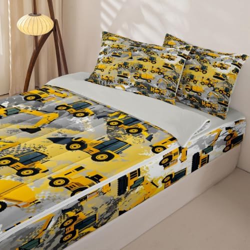 Feelyou Construction Twin Zipper Bedding for Boys, Excavator Tractor 3-Piece-All-in-one Soft and Sturdy, Construction Machinery Truck Zip Up Bedding with Deep Fitted Sheet and 2 Pillowcases