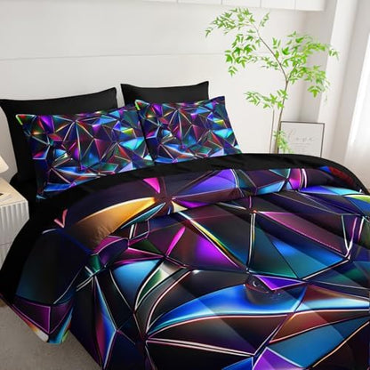 7 Piece Purple Geometric Abstract Pattern Comforter Set King Size，Abstract Diamond Print Bedding King，(1 Comforter, 1 Flat Sheet, 1 Fitted Sheet, 2 Pillowcase and 2 Pillow Sham)