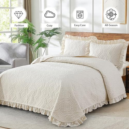 DJY Quilts Queen Size, Ruffled Reversible Bedding Set, Beige
