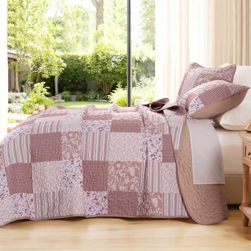 Mybedsoul Pink Boho Quilt King Size, Patchwork Reversible Bedding Set