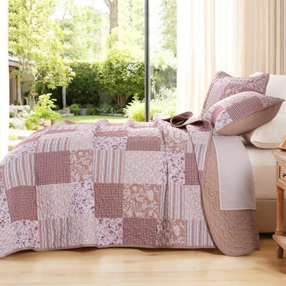 Mybedsoul Pink Boho Quilt King Size, Patchwork Reversible Bedding Set