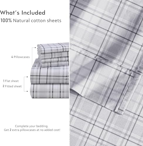 RUVANTI 100% Cotton Split King Sheets, Percale Sheets Set, Open Check