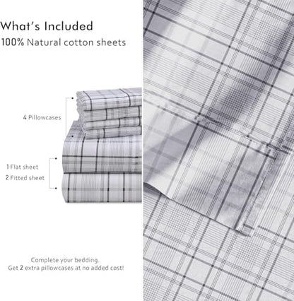 RUVANTI 100% Cotton Split King Sheets, Percale Sheets Set, Open Check