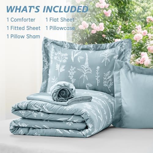 MUXHOMO Mineral Blue TwinXL Comforter Set, Elegant Floral Print Bed in a Bag 5 Pieces, Ultra Soft & Breathable Reversible Botanical Pattern Bedding Set with Comforter, Sheets, Pillowcase, and Sham