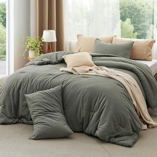 Bedsure PureWoven Cotton Comforter Set Prewashed, Cal King, Olive Green
