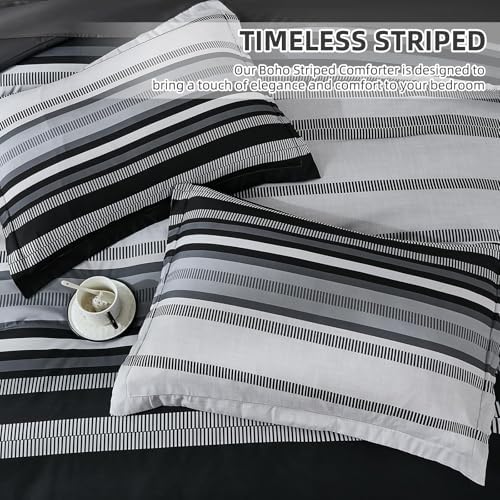 Dobuyly Black Comforter Set Twin Size Bed in a Bag 5 Piece, Classic Striped Black and Grey Bed Bedding Set with Sheets Soft Microfiber All Season for Teen Boys