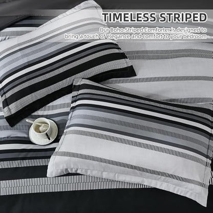 Dobuyly Black Comforter Set Twin Size Bed in a Bag 5 Piece, Classic Striped Black and Grey Bed Bedding Set with Sheets Soft Microfiber All Season for Teen Boys