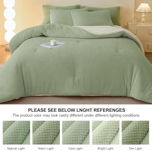 LLanCL 3D Jacquard Design Comforter Set, Ultra-Soft Warm King Size Sherpa Fur Plush 3-Pieces Sets Luxury Cozy Bedding with 2 Pillowcases (104"x90", Sage Green)