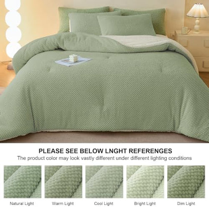 LLanCL 3D Jacquard Design Comforter Set, Ultra-Soft Warm King Size Sherpa Fur Plush 3-Pieces Sets Luxury Cozy Bedding with 2 Pillowcases (104"x90", Sage Green)