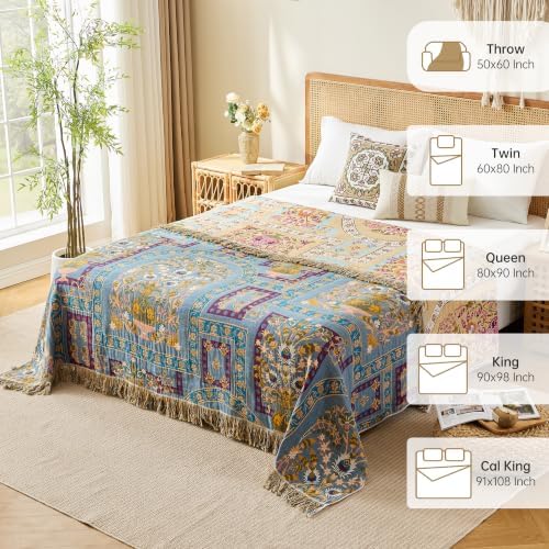 VANJOROY Boho Throw Blanket, 100% Organic Cotton Breathable Skin-Friendly Ultra Soft 60" x 80" Bed Quilt Throw - Floral Rustic Luxury Reversible Blanket for Sofa Couch Chair and Gift,