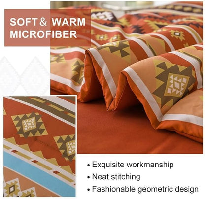 Dinjoy Queen Size Comforter Set Boho,Burnt Orange Bed in a Bag Queen Striped Bedding Sets Fall Terracotta Comforters with Sheets 7 Pieces Complete Set Aztec for All Season 90"x90"