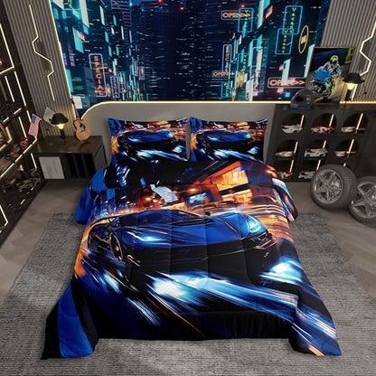 Erosebridal Kids Boys Sports Bedding Set - King Size Blue Race Car Comforter Set for Kids Teens Room Decor - Extreme Sports Theme Bed Set - Cool Speed Luxury Car Decor Quilt Set - Soft for All Season