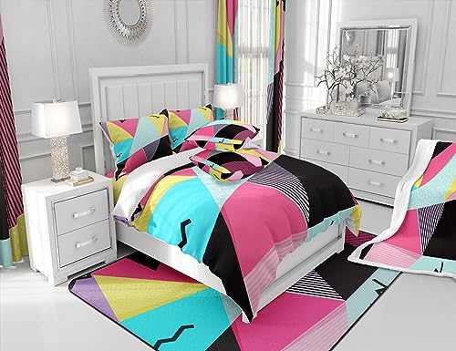 Manfei Memphis Comforter Set Twin Size, Retro 80s 90s Fashion Style Quilt Set with 1 Pillowcase, Colorful Triangle Geometric Bedding Set 2pcs for Kids Boys Girls Lightweight Duvet Insert