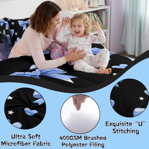 jejeloiu Bow Comforter Set All Season Bowknot Bedding Set with 2 Pillow Cases Black Blue Microfiber Kids King Bedclothes Bow-tie Bedroom Decor Duvet Quilt Breathable Soft Lightweight