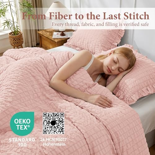 JOLLYVOGUE King Size Comforter Set, 3 Pieces Rose Gold Seersucker Comforters King Size, Lightweight & Fluffy Bedding Sets King for All Season with 1 Ruffle Comforter and 2 Ruffle Pillowshams