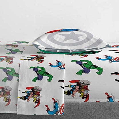 Jay Franco Kids Sheet Cartoon Set with Fitted, Flat Sheets & Pillow Cover - Ultra-Soft Bedding with Pillowcase for Room Decor, White - Avengers, 3 Piece Twin