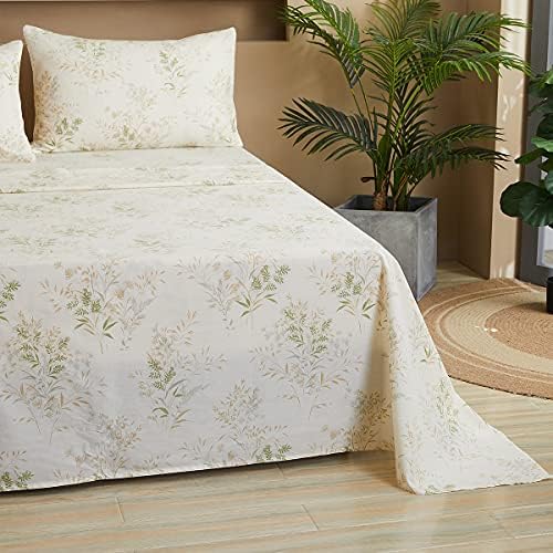 FADFAY Cotton Twin XL Sheet Set, Floral Leaves College Dorm Bedding Premium 100% Cotton 600 TC Green & Cream Flower Bedding Botanical Pastel Printed Soft Deep Pocket Fitted Sheet 4Pcs, Twin XL