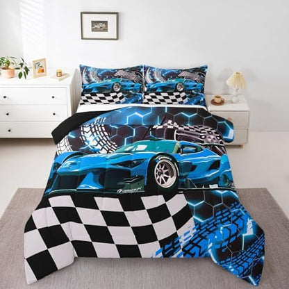 Toddler Race Car Bed for Boys,Teal Neon Lights Honeycomb Twin Size Bedding Set Cool Sports Car Glitter Beehive Geometric Hexagon Comforter Set,Black White Grid Lattice Quilt Buffalo Plaid Decor