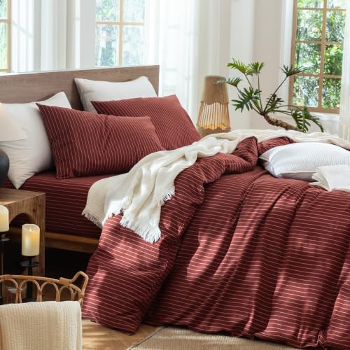 MooMee Striped Duvet Cover Set 100% Washed Cotton Linen Like Queen
