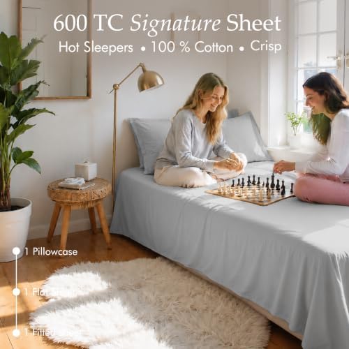 Threadmill 600 Thread Count Cotton Twin Sheet Set, Sateen, Light Grey
