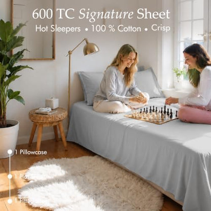Threadmill 600 Thread Count Cotton Twin Sheet Set, Sateen, Light Grey