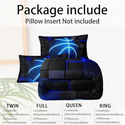 3Pcs Football Comforter Set Full Size for Teen Boys Girls,Soccer Quilt Set,Blue Black Honeycomb Comforter Set, 3D Geometric Grid Theme Ball Sport Bedding Set