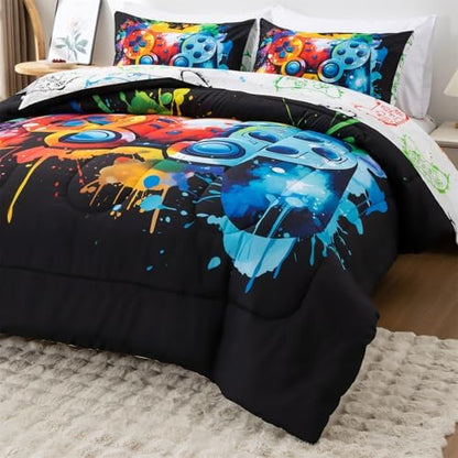 Full Size Comforter Set for Boys, 5 Pieces Graffiti Gamer Bedding Set