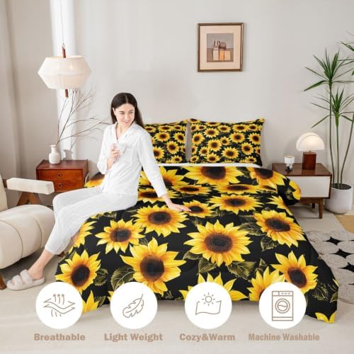 Sunflowers Comforter Set - Black & Yellow Sunflowers Print Bedding Set Twin Size for Kids Girls Women Room Decor,Cute Floral Bedding, 1 Soft Reversible Botanical Flowers Comforter and 1 Pillow Sham