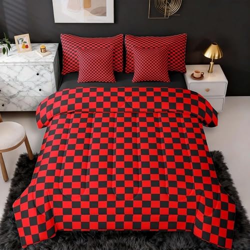 jejeloiu Red Black Bedding Set 7Pcs King Size Kids Plaid Checkered Comforter Set with Sheets for Boys Girls Classic Grid Buffalo Check Bed in a Bag Soft Lightweight,Microfiber