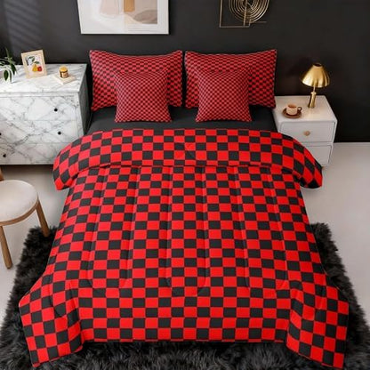 jejeloiu Red Black Bedding Set 7Pcs King Size Kids Plaid Checkered Comforter Set with Sheets for Boys Girls Classic Grid Buffalo Check Bed in a Bag Soft Lightweight,Microfiber