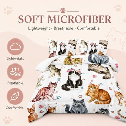 AILONEN Watercolor Cat Print Bedding Set Full Size with Cats and Footprints Comforter for Boys Girls,Group of Cute Cats Soft Breathable White Tint Duvet,2 Pillowcases
