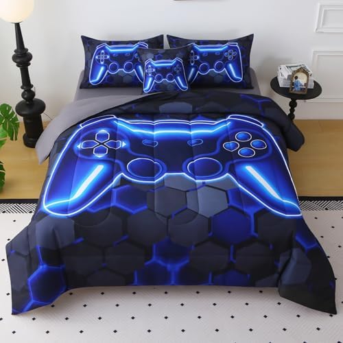 JQinHome Full Size Gaming Bedding Set 6-Piece Comforter for Boys Teens - 3D Video Game Print Bed in a Bag with Sheets, Blue Cool Black Design (Full)