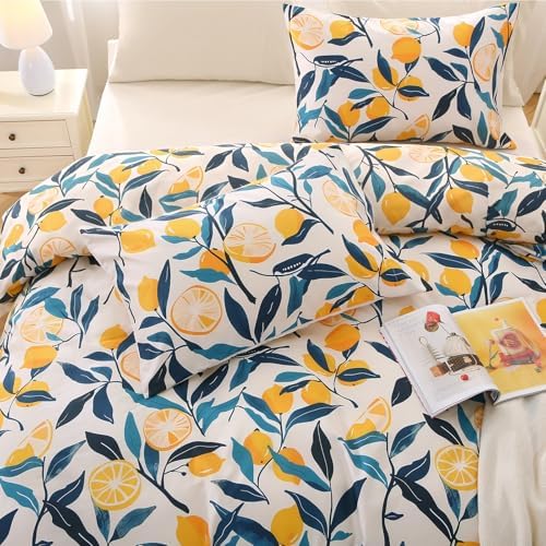 MUXHOMO Lemon Blossom Bed in a Bag Queen 7 Pieces, Queen Comforter Set Reversible Botanical Flowers Design, Ultra Soft & Breathable Bedding Sets with Comforter, Sheets, Pillowcases & Shams