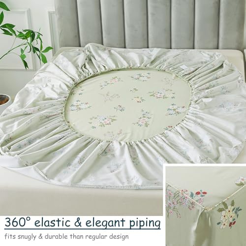FADFAY Full Sheets Floral Bed Sheets Percale Cotton Shabby Vintage Chic Rose Deep Pocket Sheets Sage Green Flower Printed Luxury Bedding Super Soft Breathable for Full Size Bed 4 Pcs, Full Size