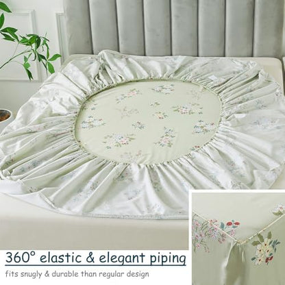 FADFAY Queen Sheet Set Floral Bed Sheets Percale Cotton Botanical Deep Pocket Sheets Sage Green Flower Printed Luxury Bedding Super Soft Breathable for Queen Size Bed 4 Pcs