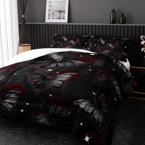 Butterfly Flowers Comforter Sets King Size, Black Butterfly Flowers 3D Animal Pattern Kids Bedding Sets for Girls Teens 3 Piece Bedroom Decor Comforter with 2 Pillowcases