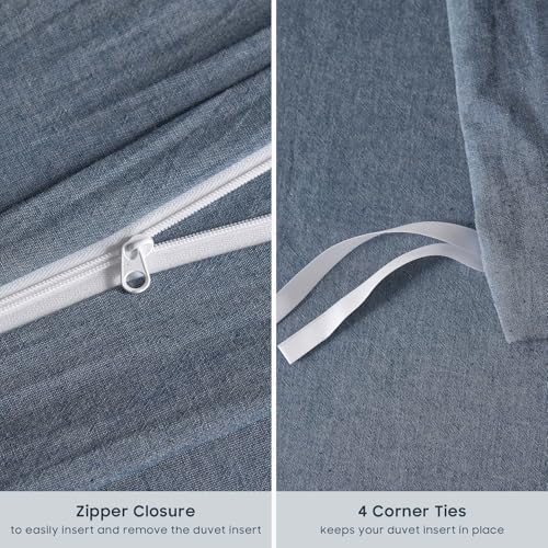 Wake In Cloud - Cotton Duvet Cover Set, 100% Washed Cotton, Linen Like Textured, Breathable Durable Comfy Farmhouse Neutral Bedding Set, 3 Pieces, Denim Blue, Twin/Twin XL Size