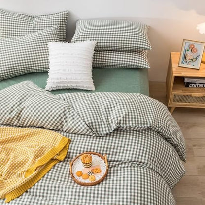 mixinni Green Gingham Comforter Set King, Plaid Comforter Set 3 Pieces 1 Green Grid Comfoter with 2 Pillow Cases for All Seasons, Soft Fluffy Modern Grid Pattern Printed Bedding-King Size
