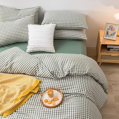 mixinni Green Gingham Comforter Set Queen, Plaid Comforter Set 3 Pieces 1 Green Grid Comfoter with 2 Pillow Cases for All Seasons, Soft Fluffy Modern Grid Pattern Printed Bedding-Queen Size