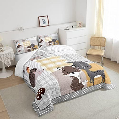 Homewish Cute Animals Full Size Comforter Set,Deer and Fox Bedding Set for Adults Teens,Children Grid Geometric Stripe Comforter Luxury Wild Animals Quilt Set Room Decor 3Pcs