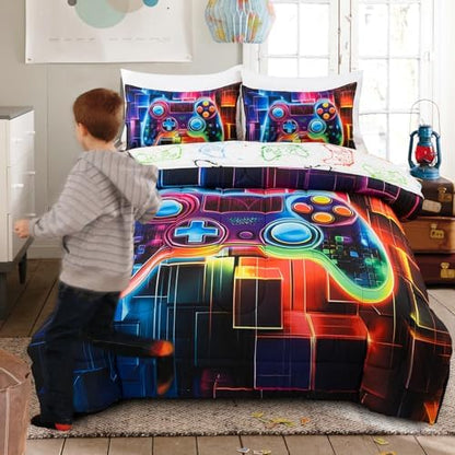 A Nice Night Boys Queen Size 5-Piece Game Console Comforter Set, for Kids Teen 3D Colorful Background Colorful Universe Gamepad Gaming Printed Matching Sheet Sets Black-Red