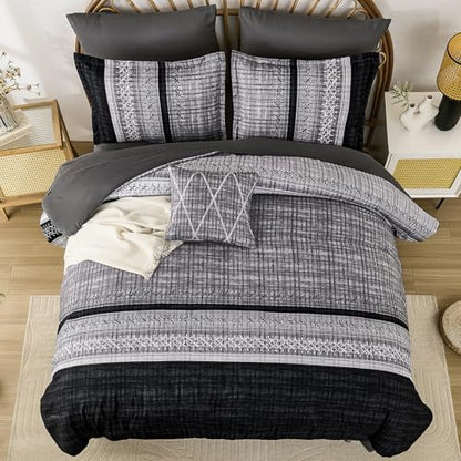 Dintszyayue Black Comforter Set Queen Size, 8 Pieces Boho Striped Bed in a Bag Soft Microfiber Bedding Set for All Season