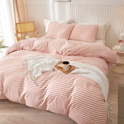 Full Comforter Set Pink White Stripes Pattern Comforter Full Modern Style Striped Comforter with 2 Pillowcases Lightweight 3 Pieces Boho Bedding Comforter Farmhouse Striped Fluffy Comforter Set