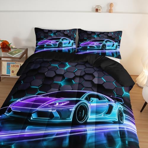 HOSIMA Race Car King Bedding Set Gaming Comforter with 2 Pillowcases.